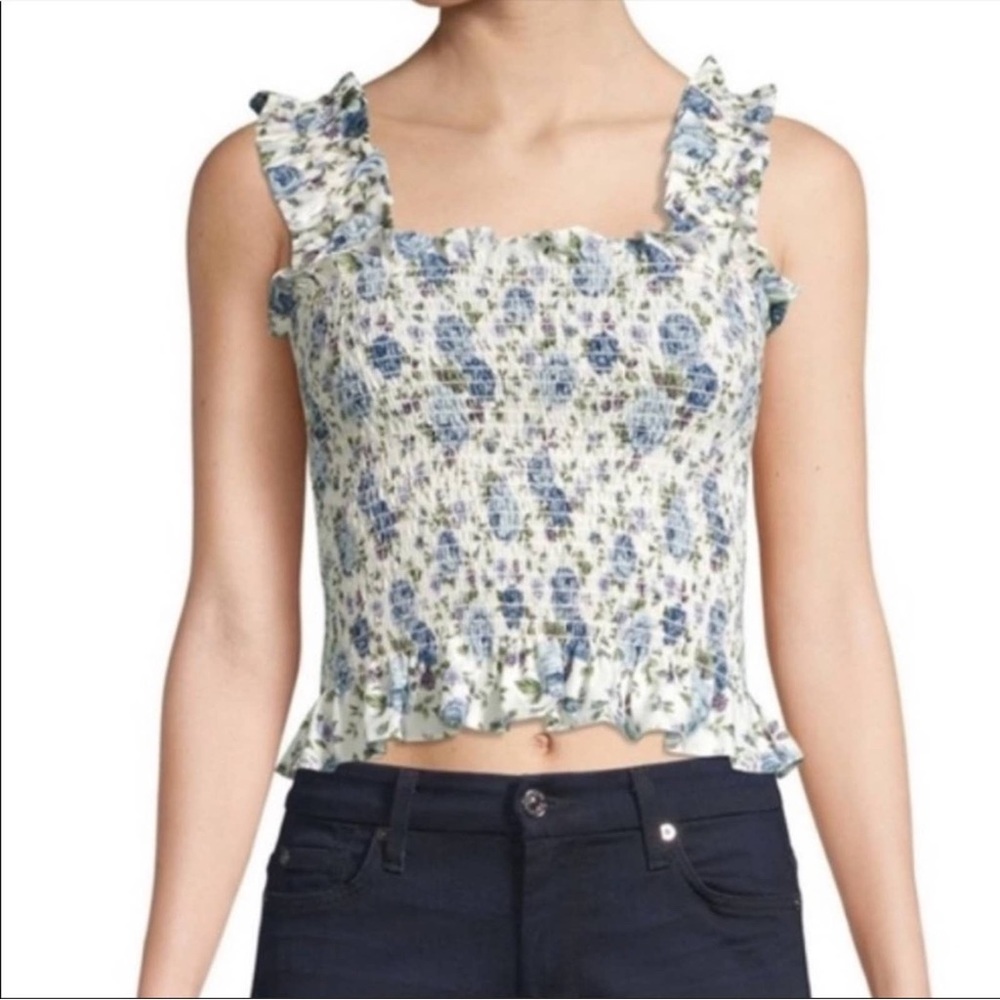 Petersyn SMOCKED FLORAL RUFFLE CROP TANK TOP IN JARDIN